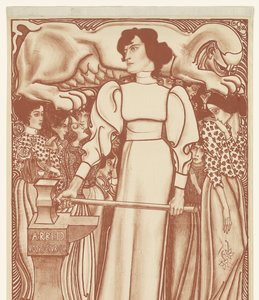 Arbeit für die Frau. Lose der Nationalen Ausstellung der Frauenarbeit zu 50 Cent auf dem Gelände und in den Depots erhältlich. Erster Preis ein Juwelenschmuck im Wert von 1000,- Gulden