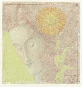 Frauenkopf mit rötlichem Haar und Chrysantheme