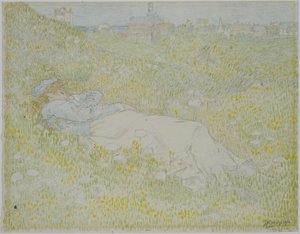 Frau, die in den Dünen bei Noordwijk liegt von Jan Toorop