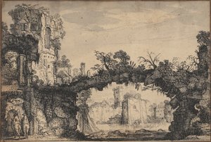 Landschaft mit Ruinen (recto); Kopf einer Frau und Tiere (verso) von Jan Van de Velde