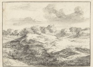 Dünenlandschaft mit einem Häuschen in der Ferne