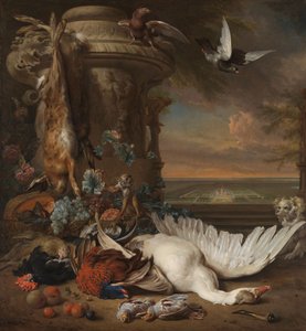 Jagdstillleben mit Früchten neben einer Gartenvase, mit einem Affen, Hund und zwei Tauben, im Hintergrund Rijksdorp bei Wassenaar, Sitz von Jacob Emmery, Baron von Wassenaar