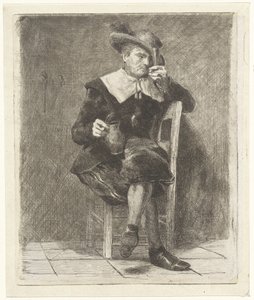 Mann mit Krug und Glas auf einem Stuhl