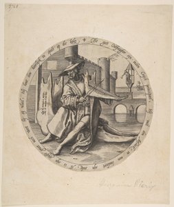 Der reiche Mann spielt Geige auf einem Kieferknochen, ca. 1568 von Jan Wierix