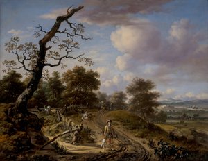 Hügelige Landschaft mit einer Falkenjagdgesellschaft