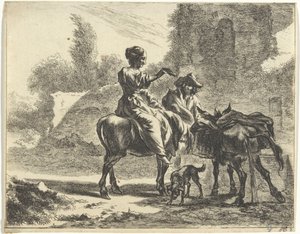 Hirten und Esel an einem Trinkbecken