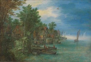 Ansicht eines Dorfes entlang eines Flusses von Jan the Elder Brueghel