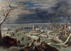 Eine Winterlandschaft mit Schlittschuhläufern auf einem zugefrorenen Wasserweg bei einem Dorf, ein Jäger im Vordergrund, Antwerpen dahinter
