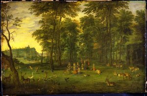 Erzherzog Albrecht VII. von Österreich und Erzherzogin Isabella Clara Eugenia spazieren im Park des Königsschlosses in Brüssel, 1621 von Jan Brueghel the Younger