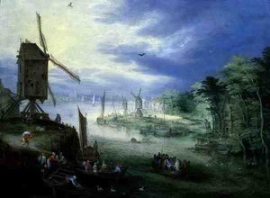 Flusslandschaft mit Windmühlen