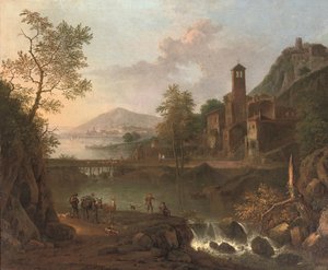 Italienische Flusslandschaft mit Maultiertreiber und Anglern, eine Hügelstadt im Hintergrund von Jan van (studio of) Huijsum