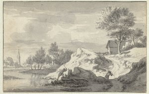 Landschaft mit Figuren, die Holz am Ufer eines Flusses hacken
