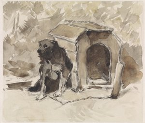 Hund, angeleint sitzend vor seiner Hütte