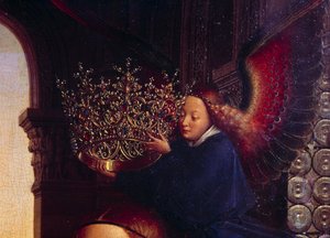 Ein Engel krönt die Jungfrau. Detail von „Die Jungfrau des Kanzlers Rolin“. Nicolas Rolin (1376-1461) war Kanzler von Burgund unter Philippe Le Bon und Gründer der Hospices de Beaune im Jahr 1443. Gemälde von Jan van Eyck (1390-1441)