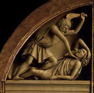 Der Genter Altar. Anbetung des mystischen Lammes: Kain tötet Abel von Jan van Eyck