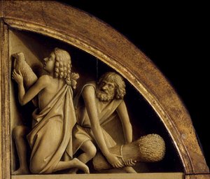 Der Genter Altar. Anbetung des mystischen Lammes: Das Opfer von Kain und Abel, 1432 von Jan van Eyck