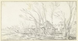 Landschaft mit krummen kahlen Bäumen vor Bauernhöfen