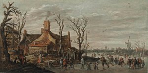 Winterlandschaft mit Figuren auf dem Eis bei einer Hütte von Jan van Goyen