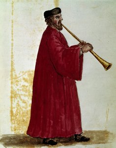 Flötenspieler Aquarellzeichnung und Tinte aus dem Manuskript „Sitten der Venezianer“ von Jan van Grevenbroeck