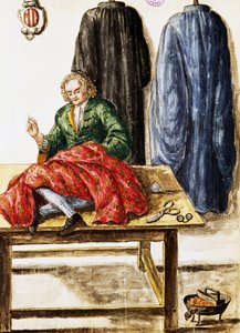 Schneiderei, Illustration aus dem Manuskript Dress of Venetians von Jan van Grevenbroeck