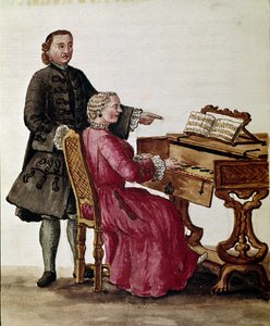 Der Sänger (Der Opernsänger spielt Klavier) Aquarellzeichnung und Tinte von Jan van Grevenbroeck (oder Giovanni Grevembroch) (1731-1807) von Jan van Grevenbroeck