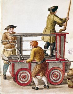 Verwendung einer Wasserpumpe oder hydraulischen Pumpe Aquarellzeichnung und Tinte aus einem Manuskript von Jan van Grevenbroeck (1731-1807) von Jan van Grevenbroeck