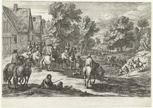 Ansicht eines Dorfes mit Reitern im Vordergrund von Jan van Huchtenburg