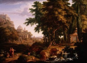 Arkadische Landschaft mit St. Peter und St. Johannes, die den Gelähmten heilen von Jan van Huysum