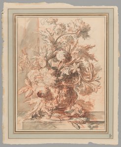 Blumen in einer Urne, verziert mit Putti, auf einem Sockel