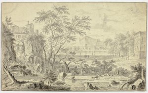 Italienische Landschaft mit Hirte und Herde am Bach, Stadt in der Ferne von Jan van Huysum