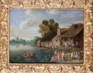 Eine Flusslandschaft mit Edelleuten an einem Dorfgasthaus