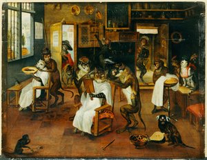 Eine Singerie: Affenfriseure bedienen Katzen
