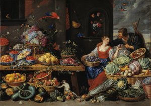 Obst- und Gemüsemarkt mit einer jungen Obstverkäuferin