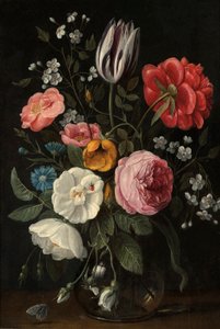 Rosen, eine Tulpe, eine Pfingstrose, eine Kirschblüte und ein Tausendgüldenkraut in einer Glasvase auf einem Sims von Jan van Kessel the Elder
