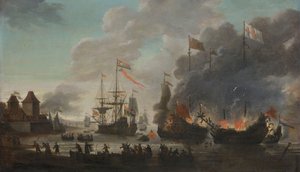 Die Niederländer verbrennen englische Schiffe während des niederländischen Überfalls auf die Medway, 20. Juni 1667
