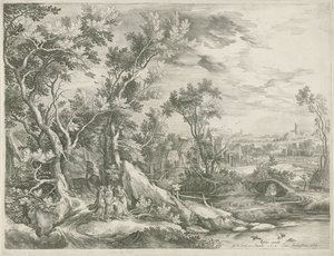 Landschaft mit Abraham, der die drei Engel bittet, Sodom zu verschonen von Jan van Londerseel