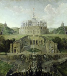 Blick von den Riesenkopf-Wasserfällen über die verzerrte Wassergrotte zum Oktogon, nach 1716 von Jan van Nickelen