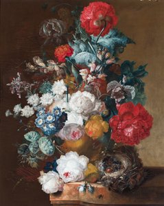 Stillleben mit Blumen, darunter Mohnblumen, Löwenmäulchen und ein Vogelnest mit Nestlingen von Jan van Os