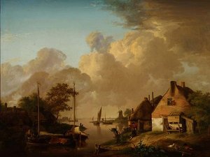 Flusslandschaft mit Dorf, Lastkähnen und Bauern von Jan van Os