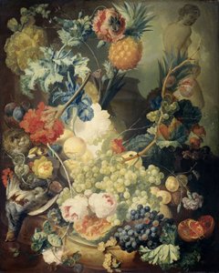 Stillleben mit Blumen, Früchten und Vögeln