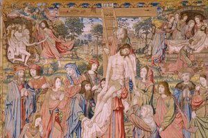 Flämischer Wandteppich. Serie Die Passion Christi: Abnahme vom Kreuz. Herstellung Pieter van Aelst. Kartonist Jan van Roome. Ca. 1507-1520. (Detail) von Jan van Roome