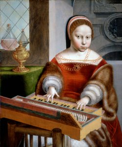 Junge Frau spielt ein Clavichord von Jan van Sanders workshop of Hemessen