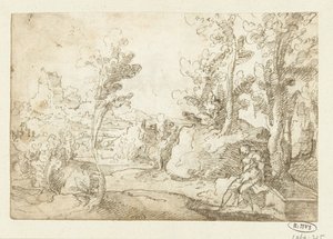 Landschaft mit einer Figur, die an einem Brunnen sitzt