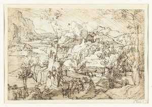 Landschaft mit Felsen, Figuren und einem Segelschiff von Jan van Scorel (attributed to)