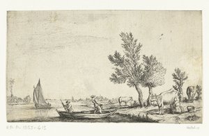 Flusslandschaft mit zwei Männern in einem Ruderboot