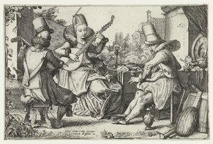 Elegante Gesellschaft, musizierend in einem Garten