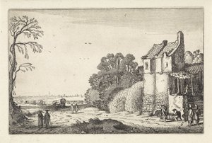 Figuren bei einem Haus und Planwagen auf einem Landweg