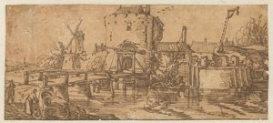 Ansicht einer Stadt (Culemborg?) mit einer Brücke vor einem Tor