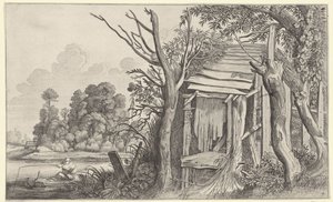 Angler bei einer verfallenen Hütte in einer Landschaft