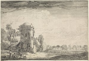Jäger mit Hunden bei einem Turm in einer Landschaft von Jan van de Velde (II)